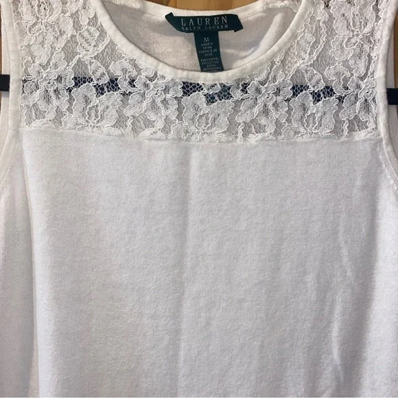 Lauren Ralph Lauren White Lace Trim Sleeveless Top Size Medium - Picture 5 of 9